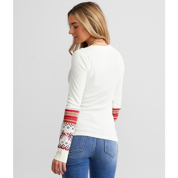 Free People Mikah Notch Neck Top Thermal Long Sleeve Cream Size Large - Picture 11 of 13